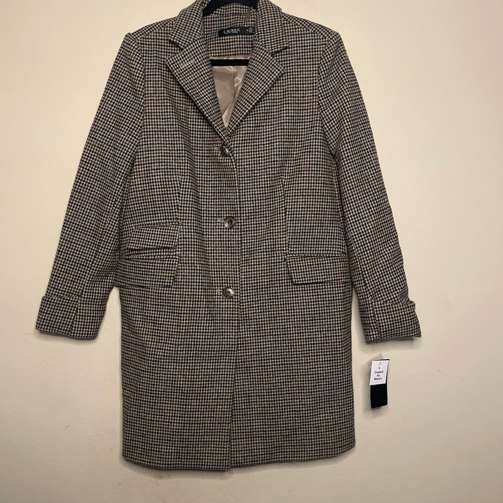 Long Button-Down Coat Women's 14 Brown Houndstooth Wool Blend Reefer Classic